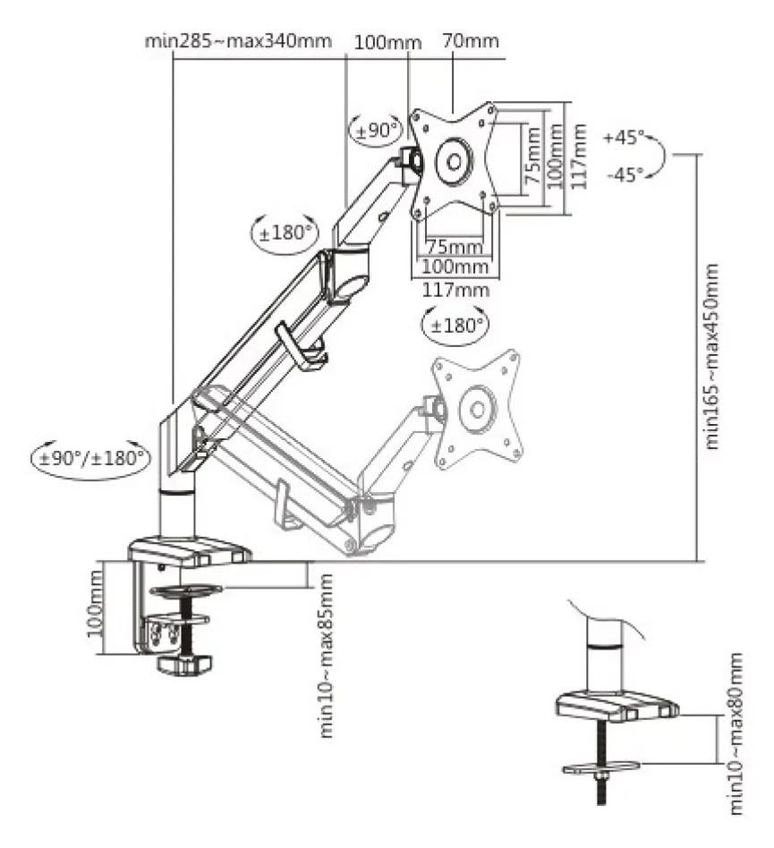 Techly ICA-LCD 441 - Klemme - 9 kg - 43,2 cm (17) - 81,3 cm (32) - 100 x 100 mm - Grau, Ansicht 6