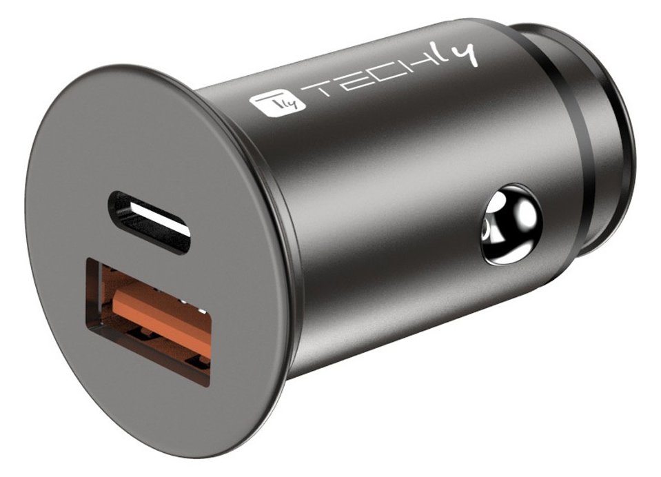 Techly Mini Car Charger USB-A and USB-C Fast Charge 3.0 38W Juodas Metal
