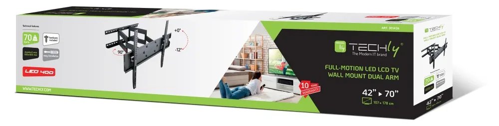 Techly MOTION LED400 - Befestigungskit (Wandmontage, Doppelarm) für LCD TV - Schwarz - Bildschirmgröße: 106.7-177.8 cm, Ansicht 3