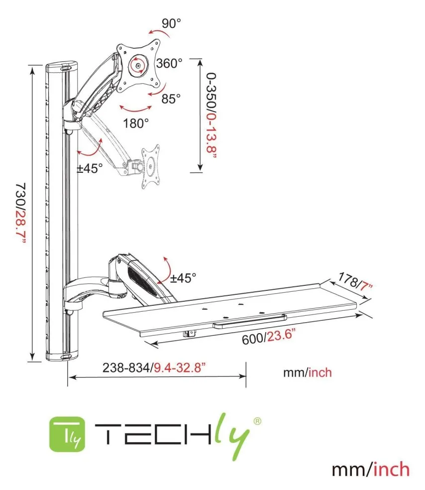 Techly Wandhalterung für 15-27 mit flexibler Tastaturablage und Arm, Ansicht 4
