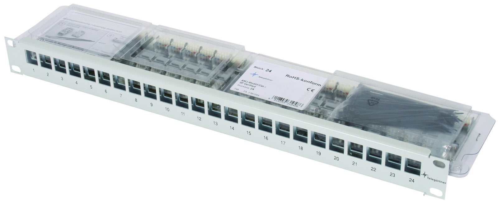 Telegärtner Karl Gärtner Telegärtner - Patch Panel - Rack montierbar - CAT 6a - RJ-45 X 24 - Hellgrau, RAL 7035 - 19