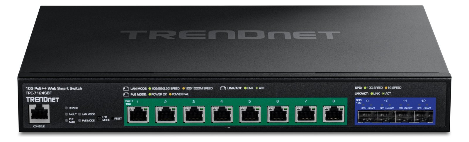 TRENDnet TPE-7124SBF - Version v1.0R - Switch - Smart - 8 x 10 Gigabit Ethernet + 4 x 10 Gigabit SFP+ - PoE++ (720 W)