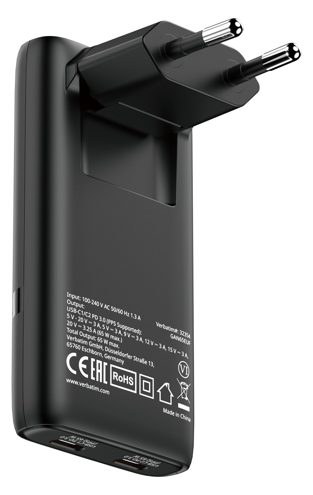 Verbatim Fold n Go GaN Charger 65W 2xUSB C schw.klappb.St.32354