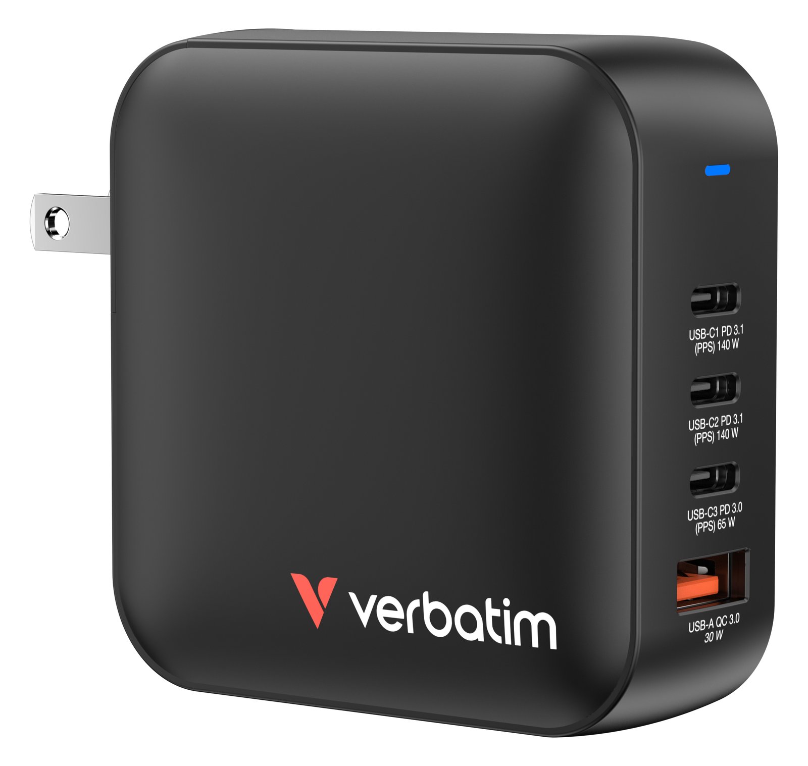 Verbatim Netzteil - GaN - 165 Watt - 5 A - PD 3.0, PD/PPS, QC 4.0 - 4 Ausgabeanschlussstellen (3 x USB-C, USB)