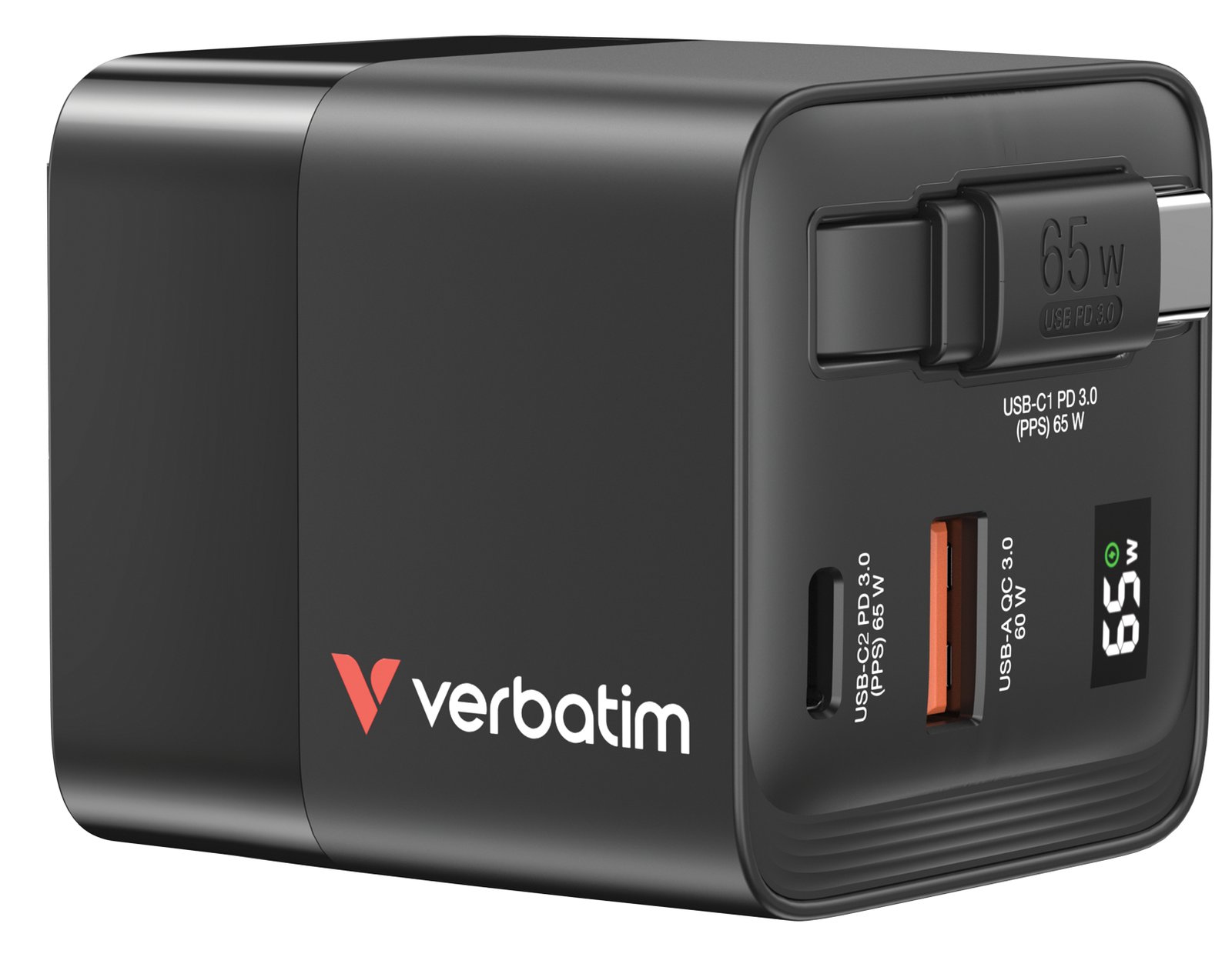 Verbatim Netzteil - GaN - 65 Watt - 3.25 A - PD 3.0, QC 3.0 (2 x USB-C, USB)