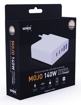 Verico Ladegerät Mojo GaN 140W PD 5-Port USB-A & USB-C WH retail von LumaTech