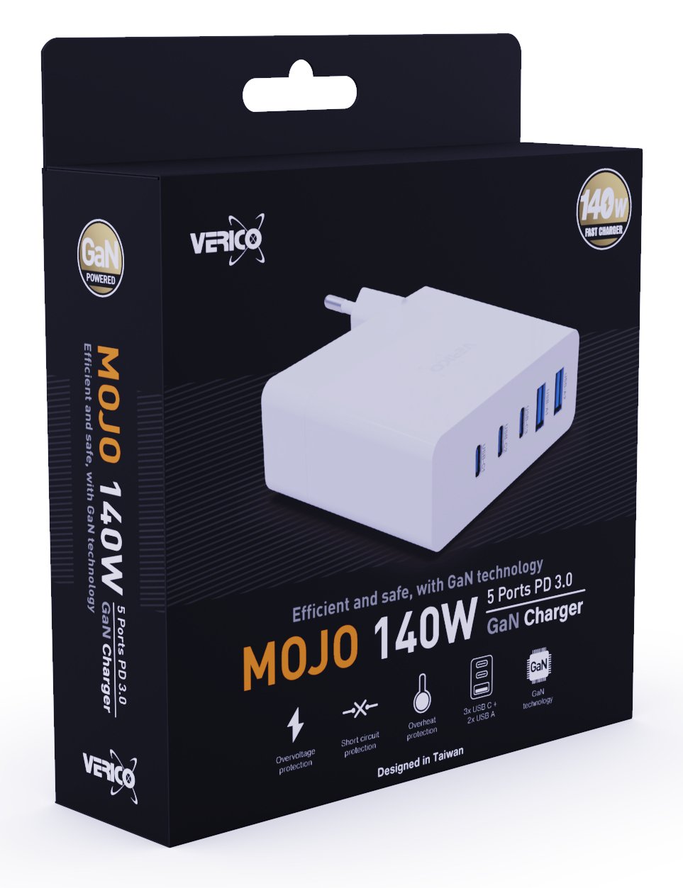 Verico Ladegerät Mojo GaN 140W PD 5-Port USB-A & USB-C WH retail