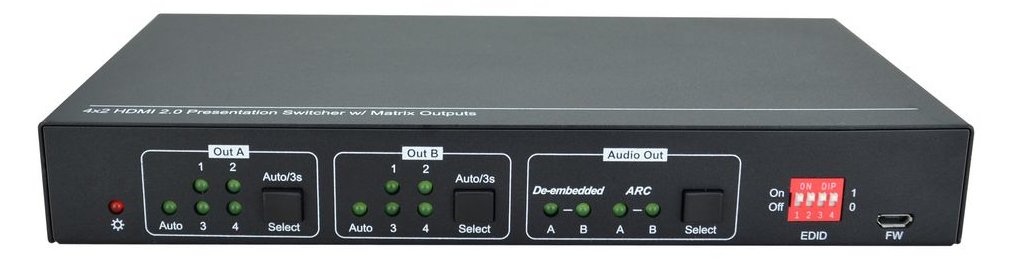 VivoLink VLHDMIMAT4X2RS - Skalierungs-Matrix-Schalter - 3840 x 2160 Pixel - 18 Gbit/s - PCM - Schwarz - Tasten