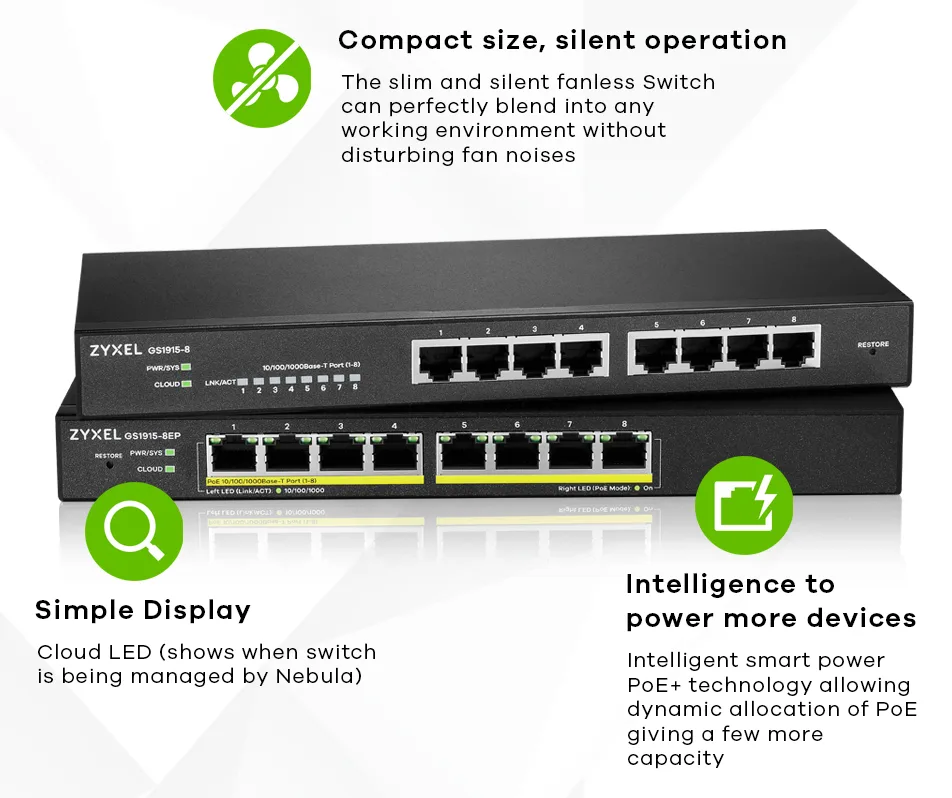 ZyXEL GS1915 Series GS1915-8EP - Switch - kompatibel mit NebulaFLEX - Smart - 8 x 10/100/1000 (PoE+), Ansicht 3