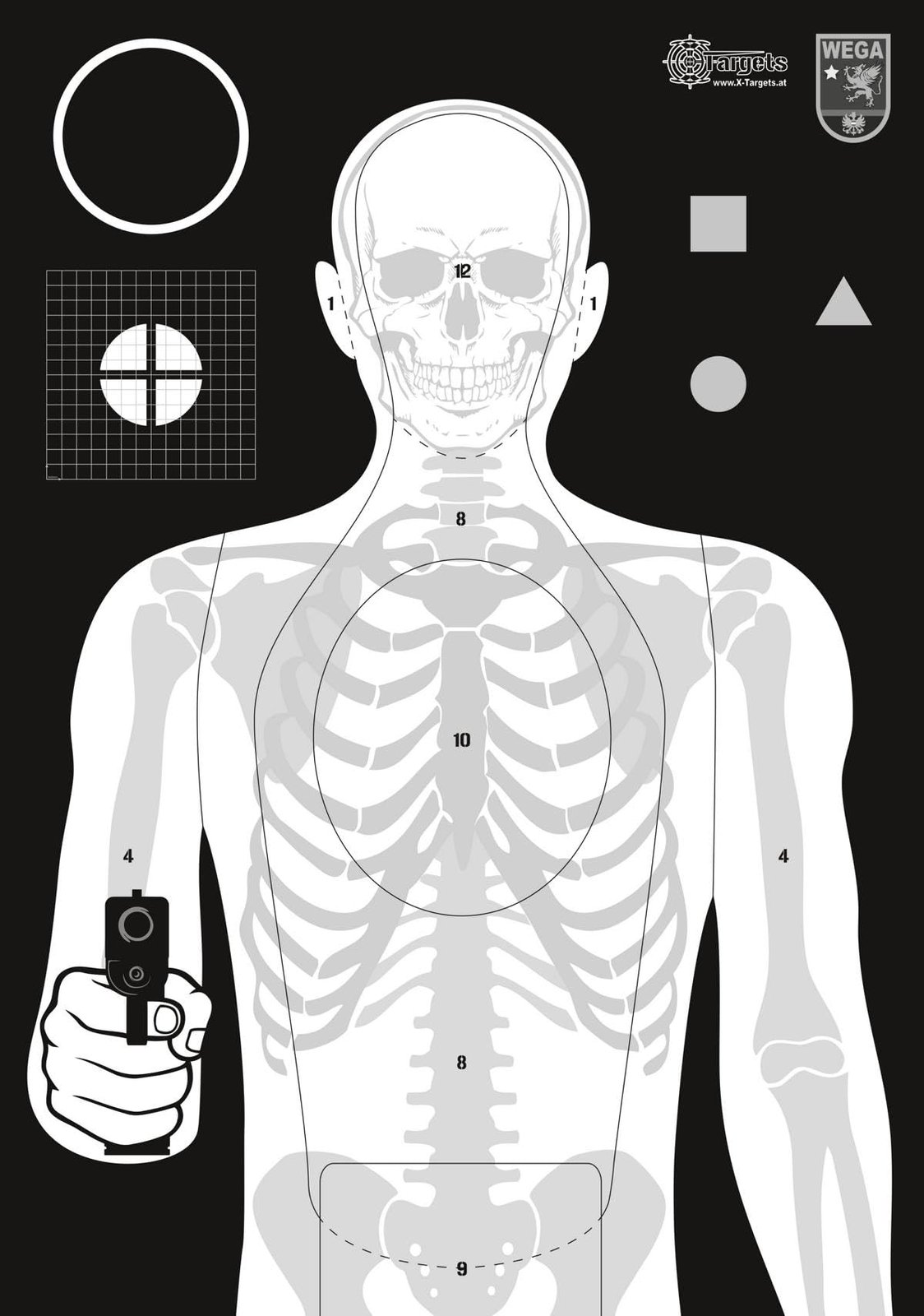 X-Targets Zielscheibe *Wega Defensive Target* | 50 x 70 cm | Papier 120g/m² | Ideal für das Verteidigungsschießen der Wega | Verschiedene Trefferzonen für perfektes Training (40 Stück)
