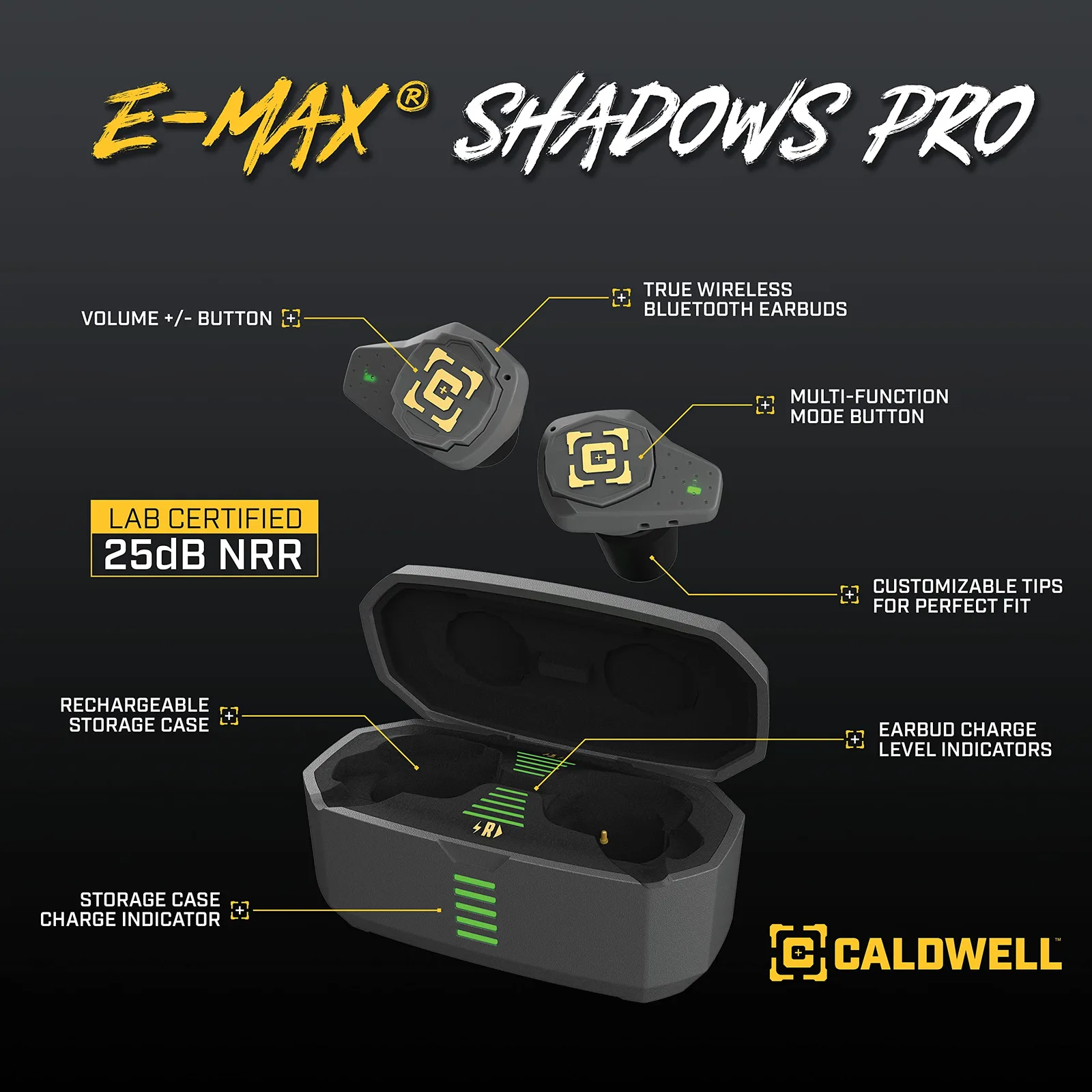 Caldwell E-MAX Shadows Pro - Elektronischer Gehörschutz mit Ambient Sound Amplification, Bluetooth und wiederaufladbarem Case für Zielschießen, Reichweite, Ansicht 2