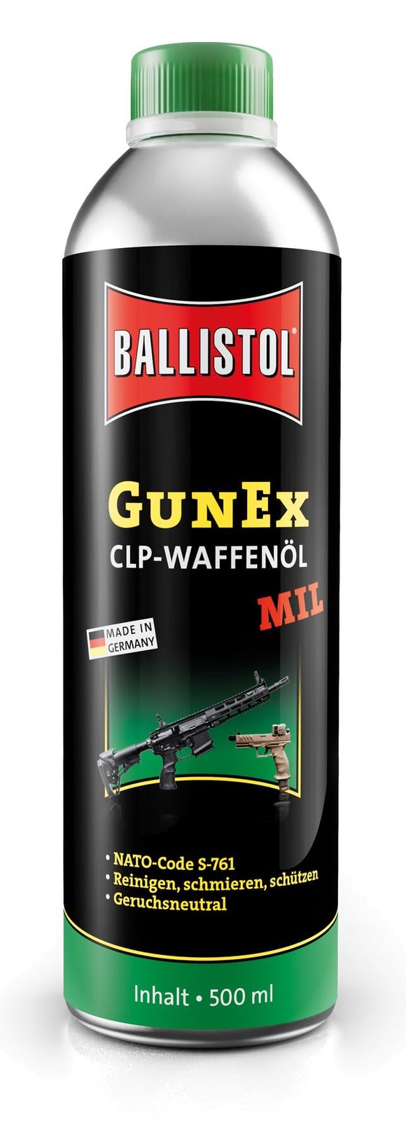 BALLISTOL 22058 GunEx MIL Waffenöl, -56 bis +150 °C, 500 ml Flasche