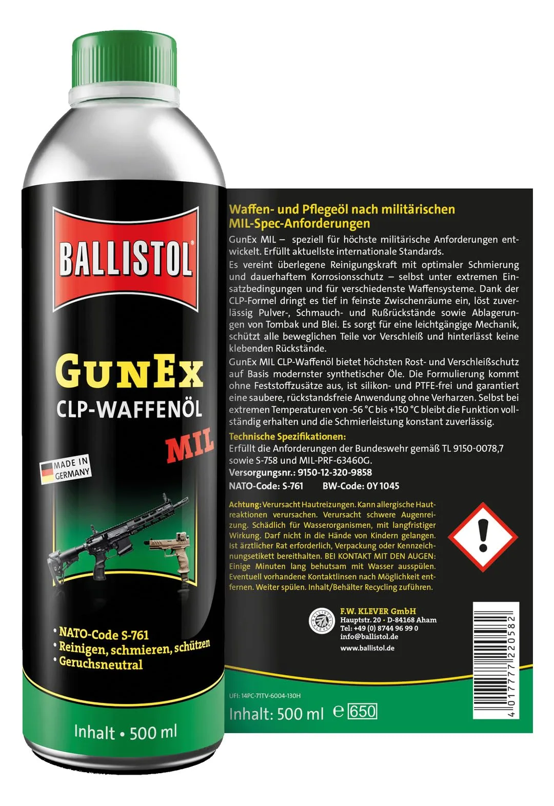 BALLISTOL 22058 GunEx MIL Waffenöl, -56 bis +150 °C, 500 ml Flasche, Ansicht 2