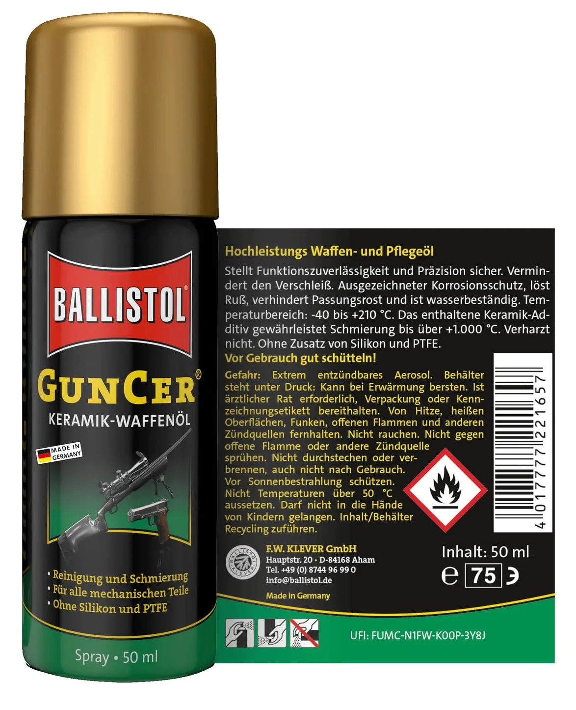 BALLISTOL 22165 GUNCER Keramik-Waffenöl, -40 bis 210 °C, 50 ml Spray, Ansicht 2