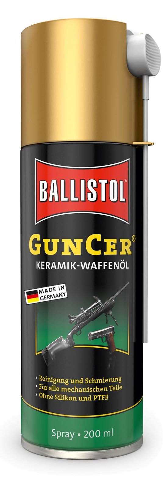 BALLISTOL 22166 GUNCER Keramik-Waffenöl 200ml Spray – Temperaturbeständige Waffenpflege, Schmiermittel, Korrosionsschutz, Schwarz