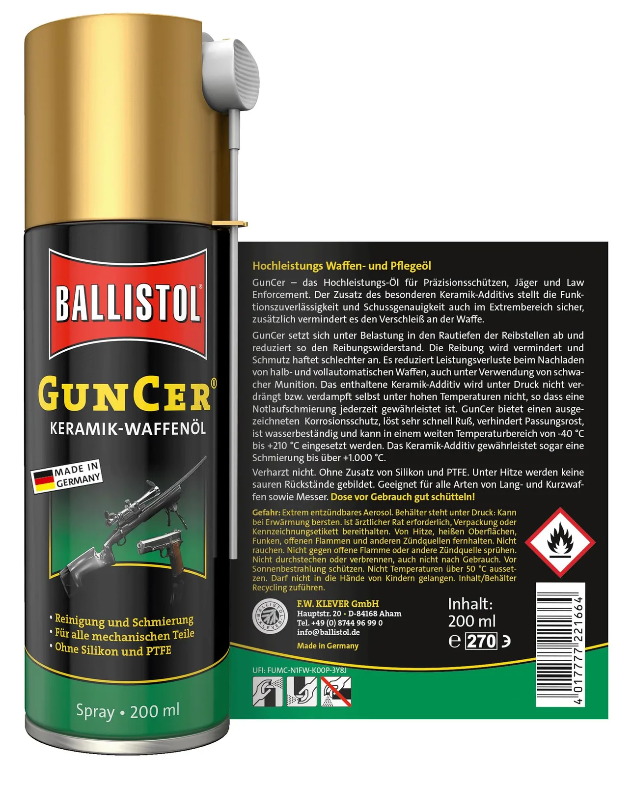 BALLISTOL 22166 GUNCER Keramik-Waffenöl 200ml Spray – Temperaturbeständige Waffenpflege, Schmiermittel, Korrosionsschutz, Schwarz, Ansicht 2