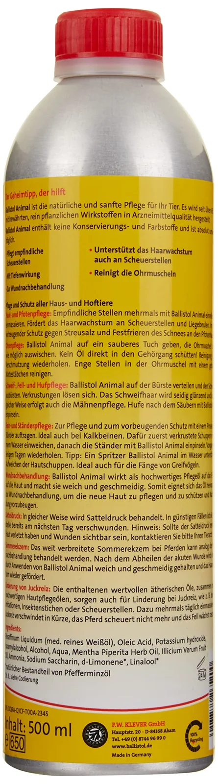 Jehn Unisex Ballistol-animal, 500ml Kanister Tierpflegeöl, Durchsichtig, 500ml EU, Ansicht 2