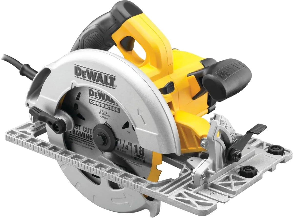 DEWALT Handkreissäge (1,350 Watt, 61 mm Schnitttiefe, Sägeblatt-Ø 190/30 mm, inkl. Schutzhauben-Aufsatz für die Staubabsaugung, Parallelanschlag, Montagewerkzeug und Koffer) DWE576K