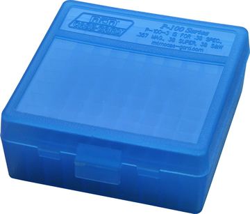 MTM 100 Round Flip-Top Ammo Box 38/357 Cal (Clear Blue) von X-Targets
