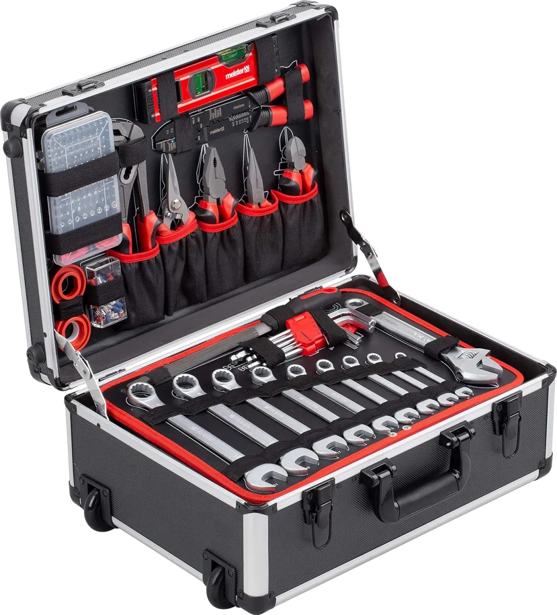 Meister Werkzeugtrolley 238-teilig - Werkzeug-Set - Teleskophandgriff / Profi Werkzeugkoffer befüllt / Werkzeugkiste fahrbar auf Rollen / Werkzeugbox komplett, Schwarz/Silber, 8971480 — Bild 2
