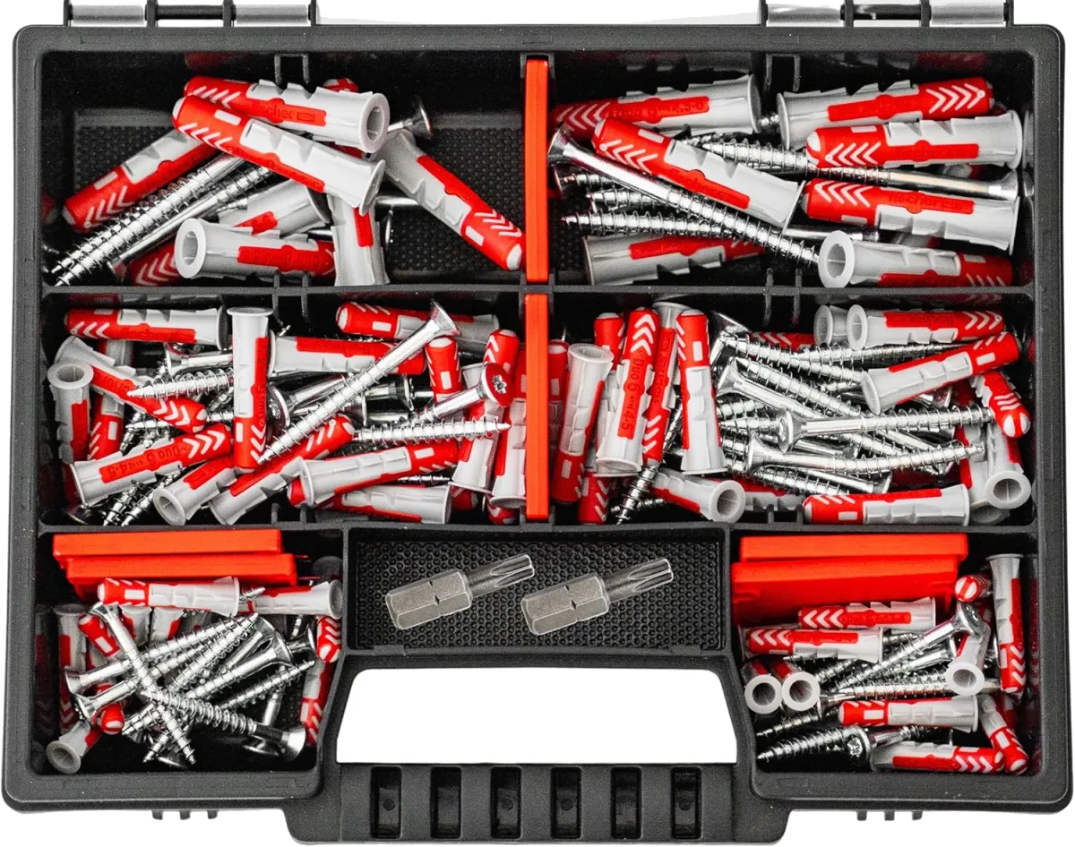 Fischer DuoPower Set Dübel + Schrauben mit Bits, 162 Teiliges Dübelsortiment. Dübel in verschiedenen Größen - 25 Stück 5x25mm + 40 Stück 6x30mm + 15 Stück 8x40mm + Schrauben Universaldübel
