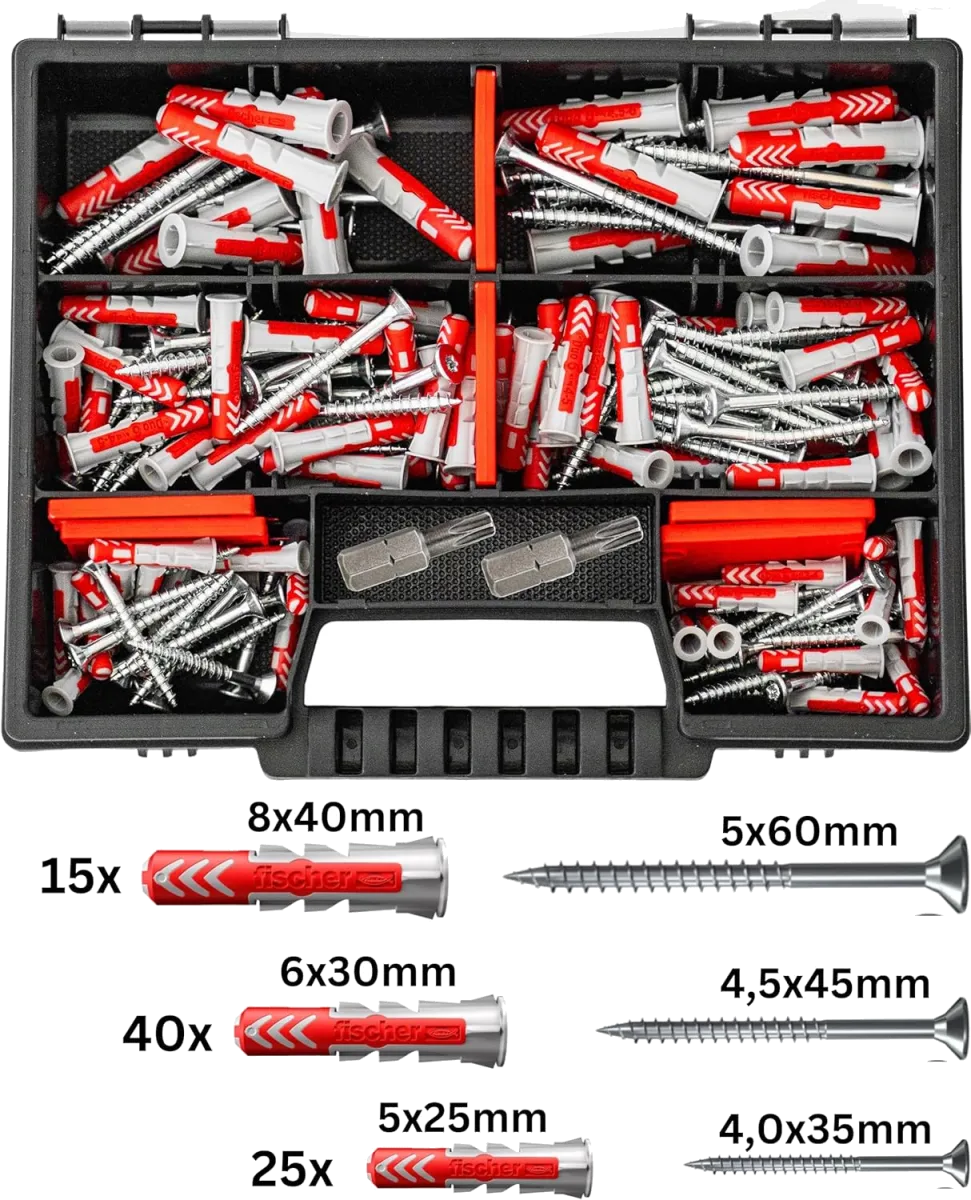 Fischer DuoPower Set Dübel + Schrauben mit Bits, 162 Teiliges Dübelsortiment. Dübel in verschiedenen Größen - 25 Stück 5x25mm + 40 Stück 6x30mm + 15 Stück 8x40mm + Schrauben Universaldübel — Bild 2