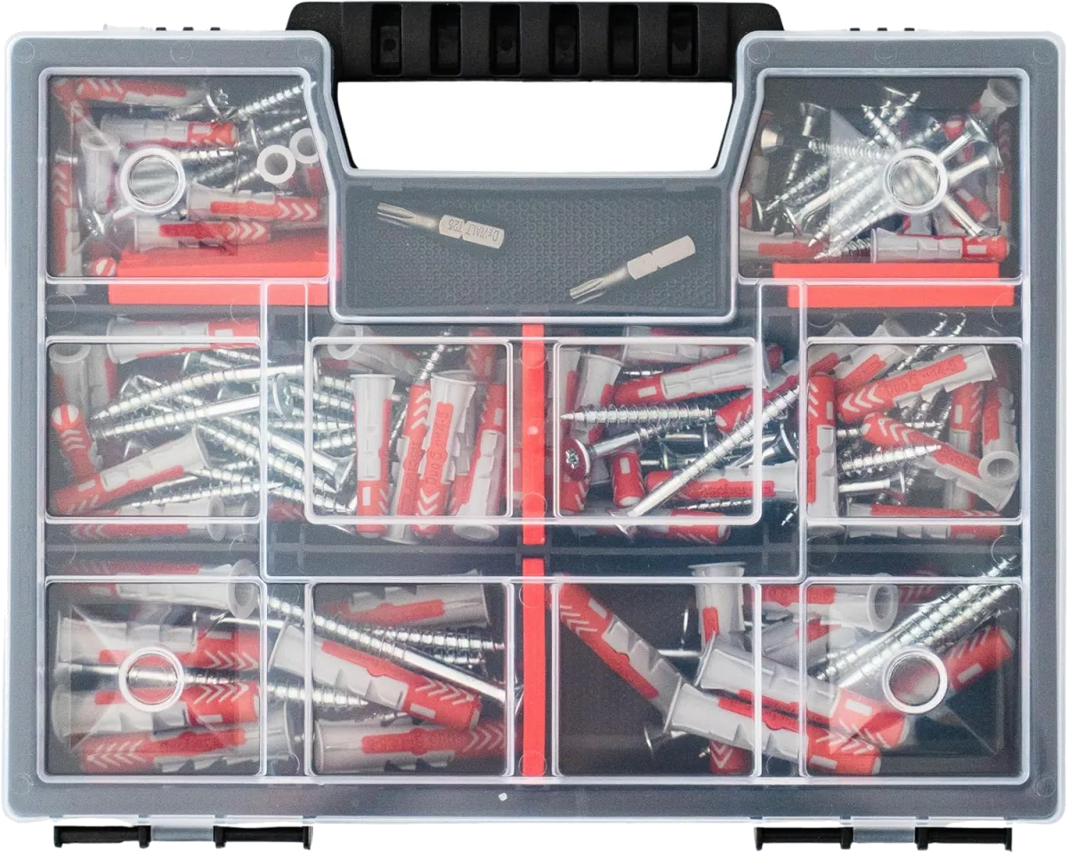Fischer DuoPower Set Dübel + Schrauben mit Bits, 162 Teiliges Dübelsortiment. Dübel in verschiedenen Größen - 25 Stück 5x25mm + 40 Stück 6x30mm + 15 Stück 8x40mm + Schrauben Universaldübel — Bild 4