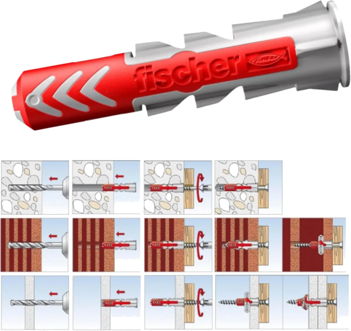 Fischer DuoPower Set Dübel + Schrauben mit Bits, 162 Teiliges Dübelsortiment. Dübel in verschiedenen Größen - 25 Stück 5x25mm + 40 Stück 6x30mm + 15 Stück 8x40mm + Schrauben Universaldübel — Bild 5