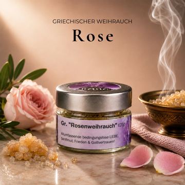 Griechischer Weihrauch Rose – herzöffnend, friedvoll & voller Liebe (Glas) von ILIOS Grünes Gold