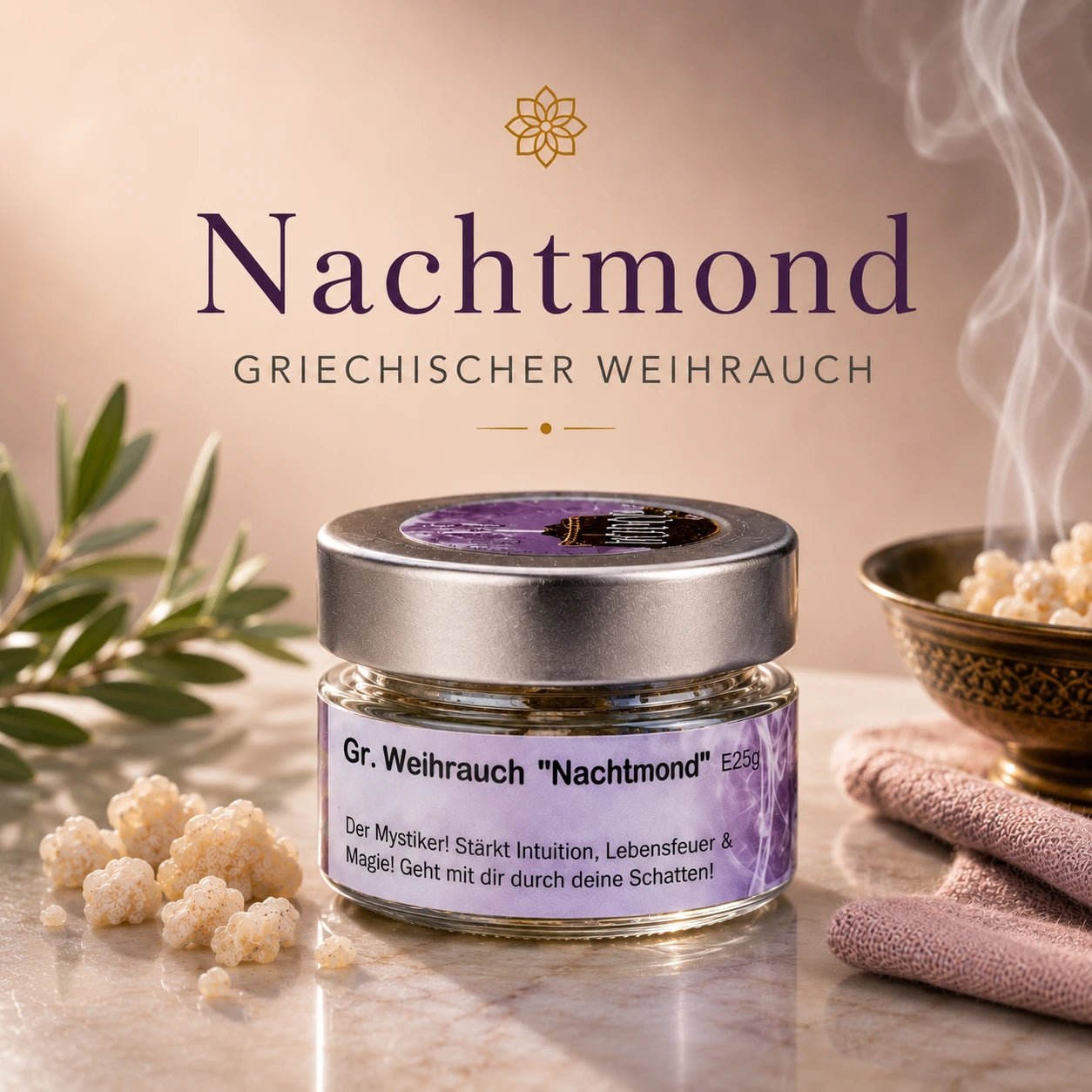 Griechischer Weihrauch Nachtmond – intuitiv, magisch & emotional reinigend (Glas)