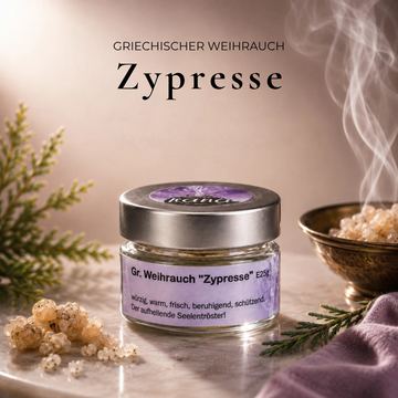 Griechischer Weihrauch Zypresse im dekorativen Glas – würzig & handgemacht von ILIOS Grünes Gold