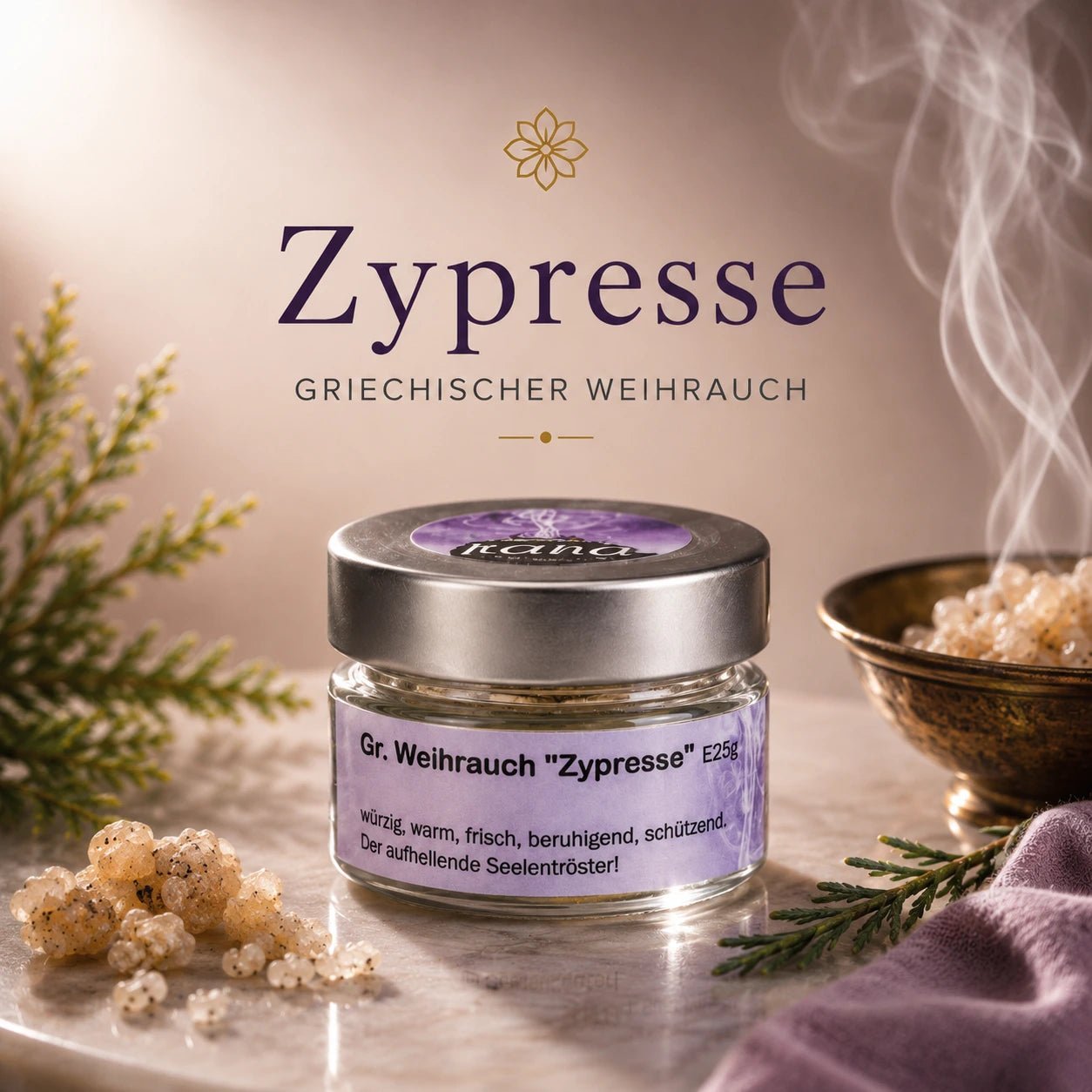 Griechischer Weihrauch Zypresse Glas - frisch, klärend, handgefertigt (Glas)