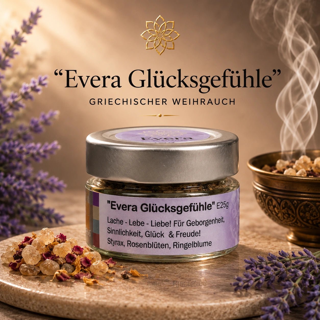 Räuchermischung Evera – lebensfroh, sinnlich & herzerwärmend (Glas)