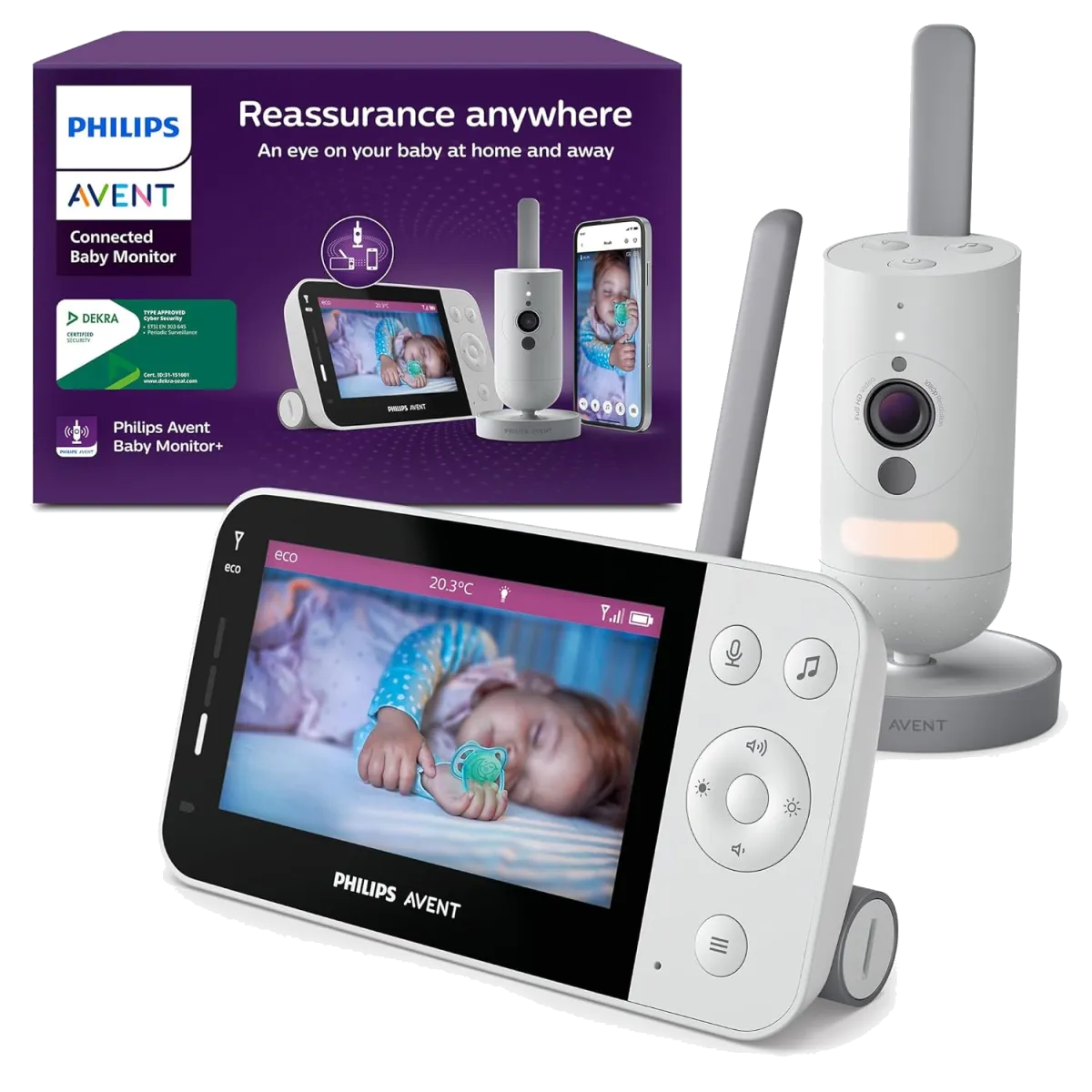 Philips AVENT Connected Babyphone mit Kamera und WLAN, hochwertiger HD-Kamera, Infrarot-Nachtsichtfunktion, Schrei-Erkennung, Gegensprechfunktion, DEKRA Zertifiziert privat und sicher, SCD951/26