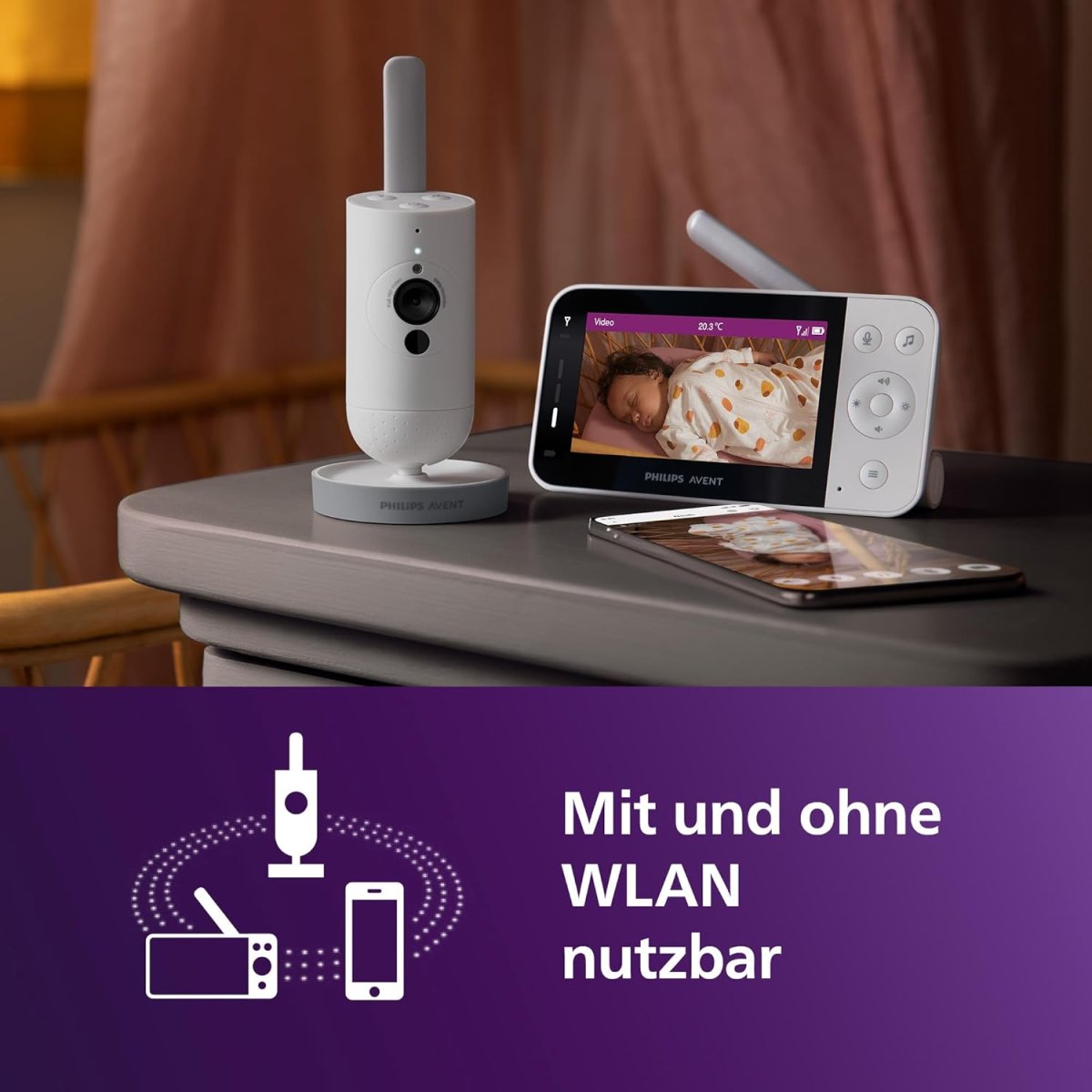 Philips AVENT Connected Babyphone mit Kamera und WLAN, hochwertiger HD-Kamera, Infrarot-Nachtsichtfunktion, Schrei-Erkennung, Gegensprechfunktion, DEKRA Zertifiziert privat und sicher, SCD951/26 — Bild 2