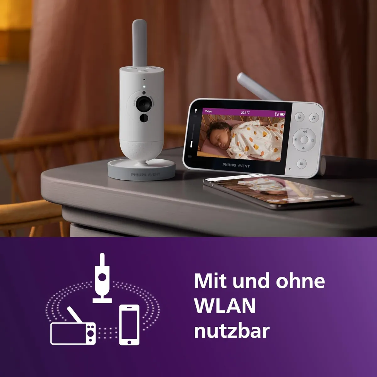 Philips AVENT Connected Babyphone mit Kamera und WLAN, hochwertiger HD-Kamera, Infrarot-Nachtsichtfunktion, Schrei-Erkennung, Gegensprechfunktion, DEKRA Zertifiziert privat und sicher, SCD951/26 — Bild 2