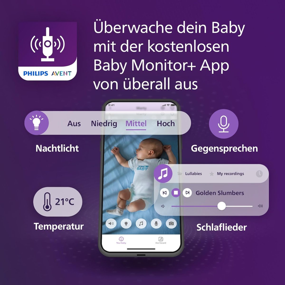Philips AVENT Connected Babyphone mit Kamera und WLAN, hochwertiger HD-Kamera, Infrarot-Nachtsichtfunktion, Schrei-Erkennung, Gegensprechfunktion, DEKRA Zertifiziert privat und sicher, SCD951/26 — Bild 3