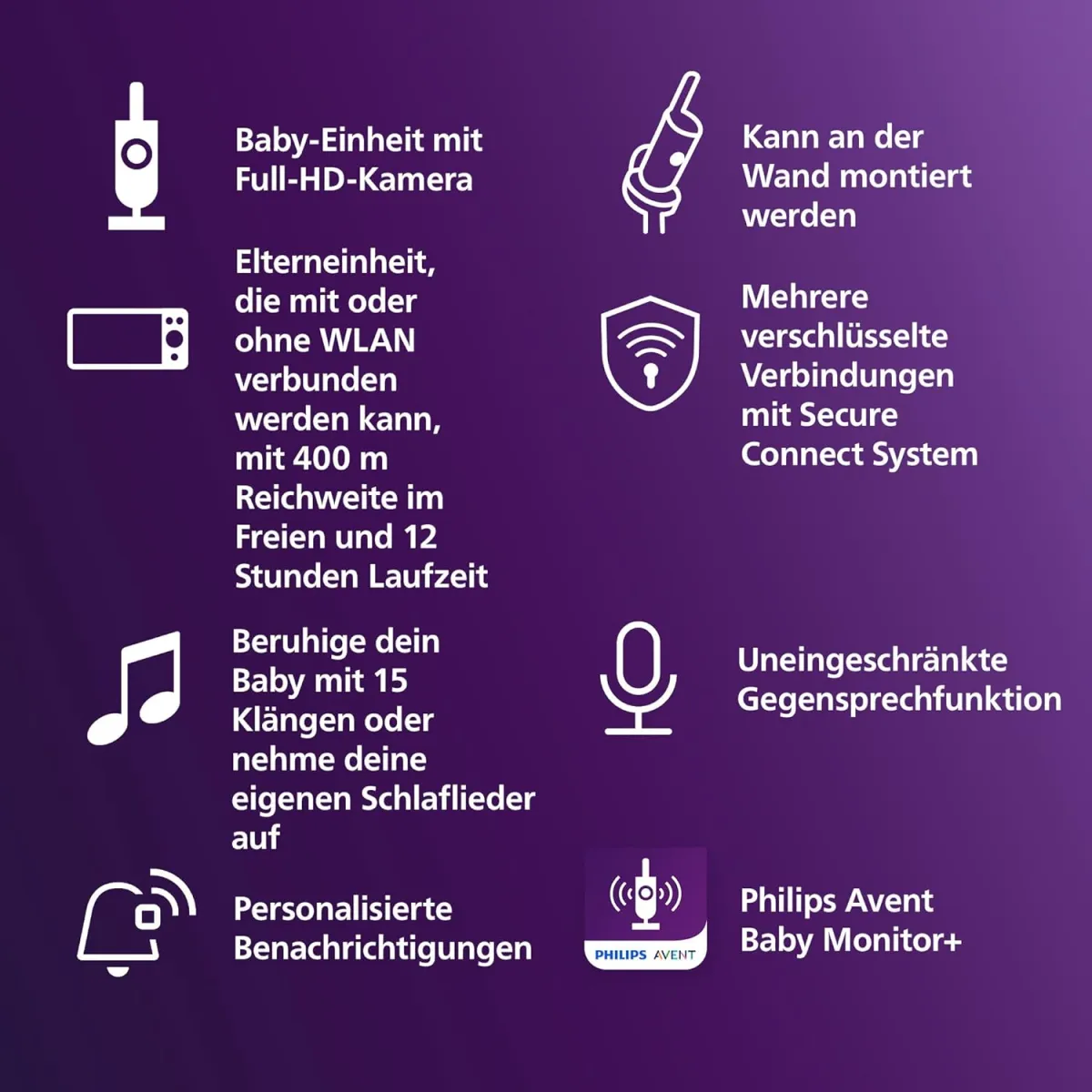Philips AVENT Connected Babyphone mit Kamera und WLAN, hochwertiger HD-Kamera, Infrarot-Nachtsichtfunktion, Schrei-Erkennung, Gegensprechfunktion, DEKRA Zertifiziert privat und sicher, SCD951/26 — Bild 5