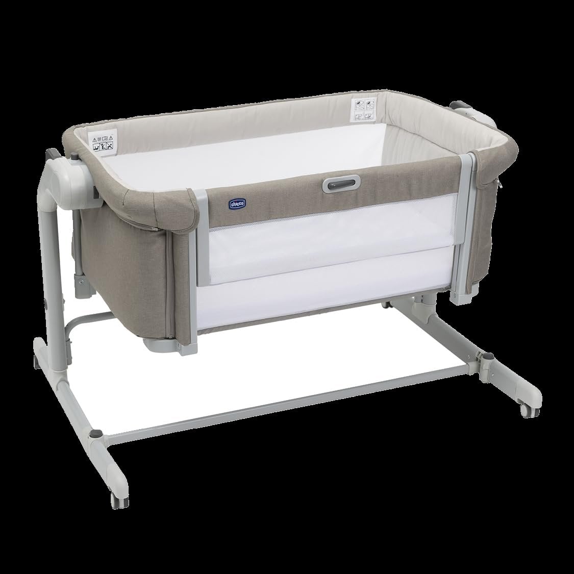 Chicco Next2Me Magic Evo, Beistellbett für Babys, mit Schaukelmodus, Kippfunktion, aufklappbarem Seitenteil, Verstellbarer Höhe, 4 Rädern, inkl. Matratze und Reisetasche, Beige