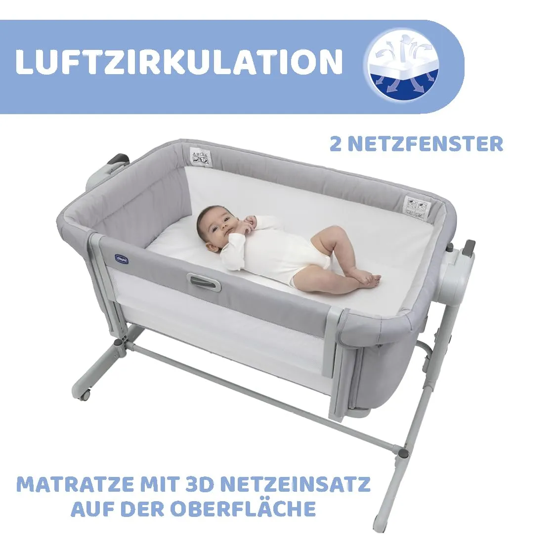 Chicco Next2Me Magic Evo, Beistellbett für Babys, mit Schaukelmodus, Kippfunktion, aufklappbarem Seitenteil, Verstellbarer Höhe, 4 Rädern, inkl. Matratze und Reisetasche, Beige — Bild 3