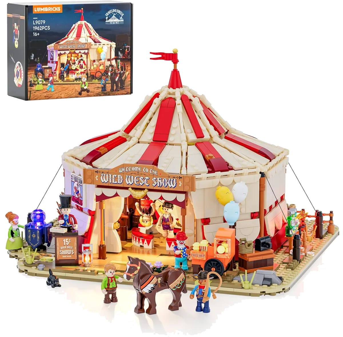 Traveling Circus Bauset mit Licht – 1962 Teile Zirkuszelt mit LED & Minifiguren – Modularer Jahrmarkt für Erwachsene, Westernfans & Freizeitpark-Sammler