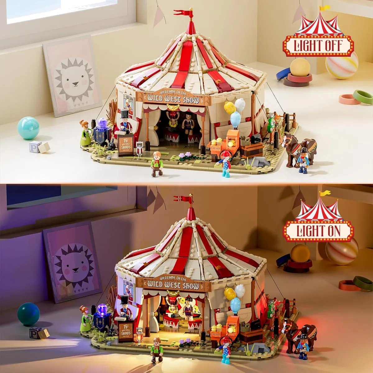 Traveling Circus Bauset mit Licht – 1962 Teile Zirkuszelt mit LED & Minifiguren – Modularer Jahrmarkt für Erwachsene, Westernfans & Freizeitpark-Sammler — Bild 2
