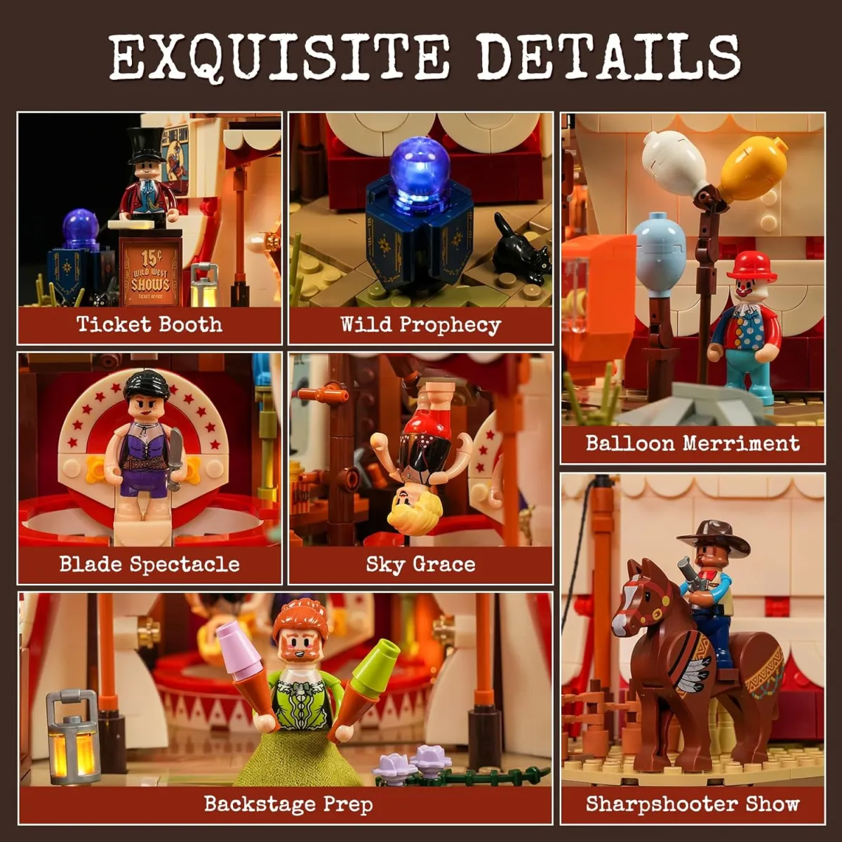 Traveling Circus Bauset mit Licht – 1962 Teile Zirkuszelt mit LED & Minifiguren – Modularer Jahrmarkt für Erwachsene, Westernfans & Freizeitpark-Sammler — Bild 3