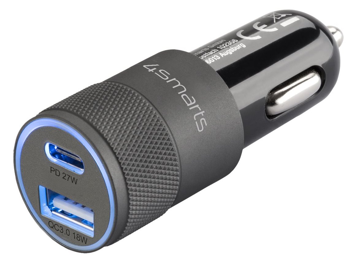 4smarts Rapid+ - Auto-Netzteil - 27 Watt - 3 A - QC 3.0, PD - 2 Ausgabeanschlussstellen (USB, 24 pin USB-C)