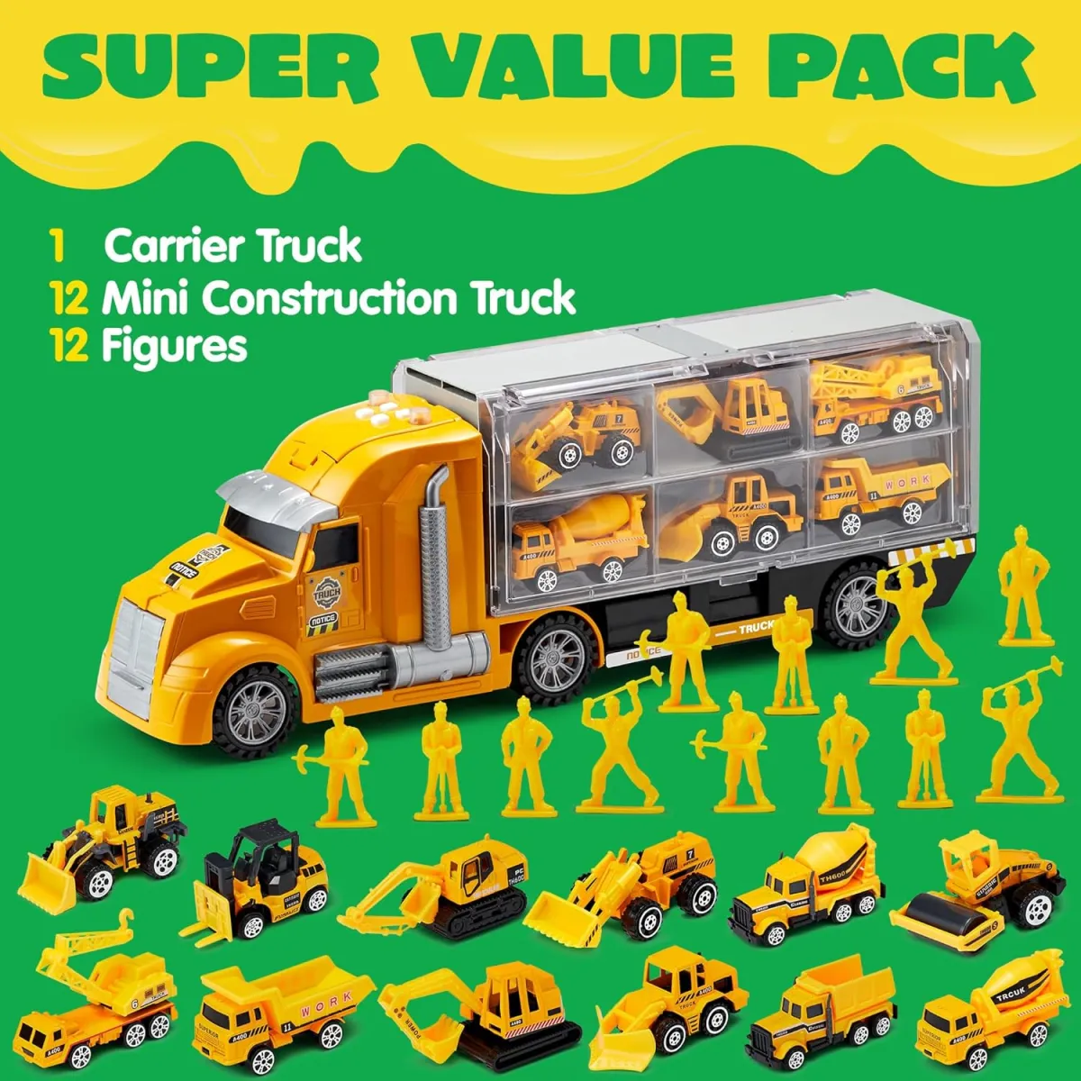 JOYIN 25-in-1-Spielzeugset aus Druckguss-Baufahrzeugen (einschließlich Transporter, Bagger, Kipper, Traktor) mit Geräuschen und Lichtern im Transporter, Kindergsgeschenke für Jungen ab 3 Jahren — Bild 2