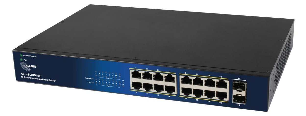 ALLNET Switch unmanaged Layer2• PoE Budget 240W• 16x at• 2x SFP• - Switch - Glasfaser (LWL) von LumaTech