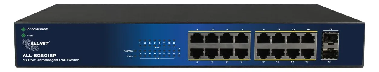 ALLNET Switch unmanaged Layer2• PoE Budget 240W• 16x at• 2x SFP• - Switch - Glasfaser (LWL), Ansicht 3