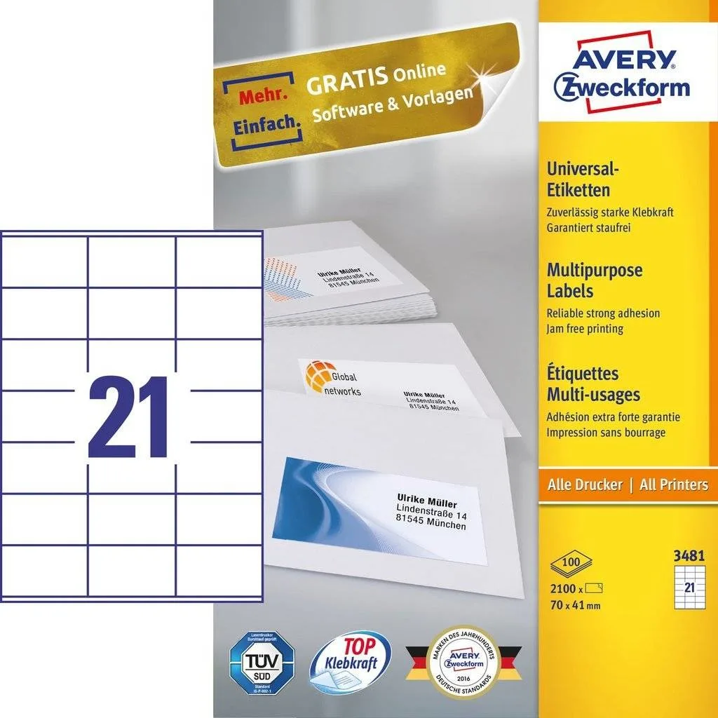 Avery Zweckform Avery - Weiß - 70 x 41 mm 2100 Etikett(en) (100 Bogen x 21), Ansicht 4