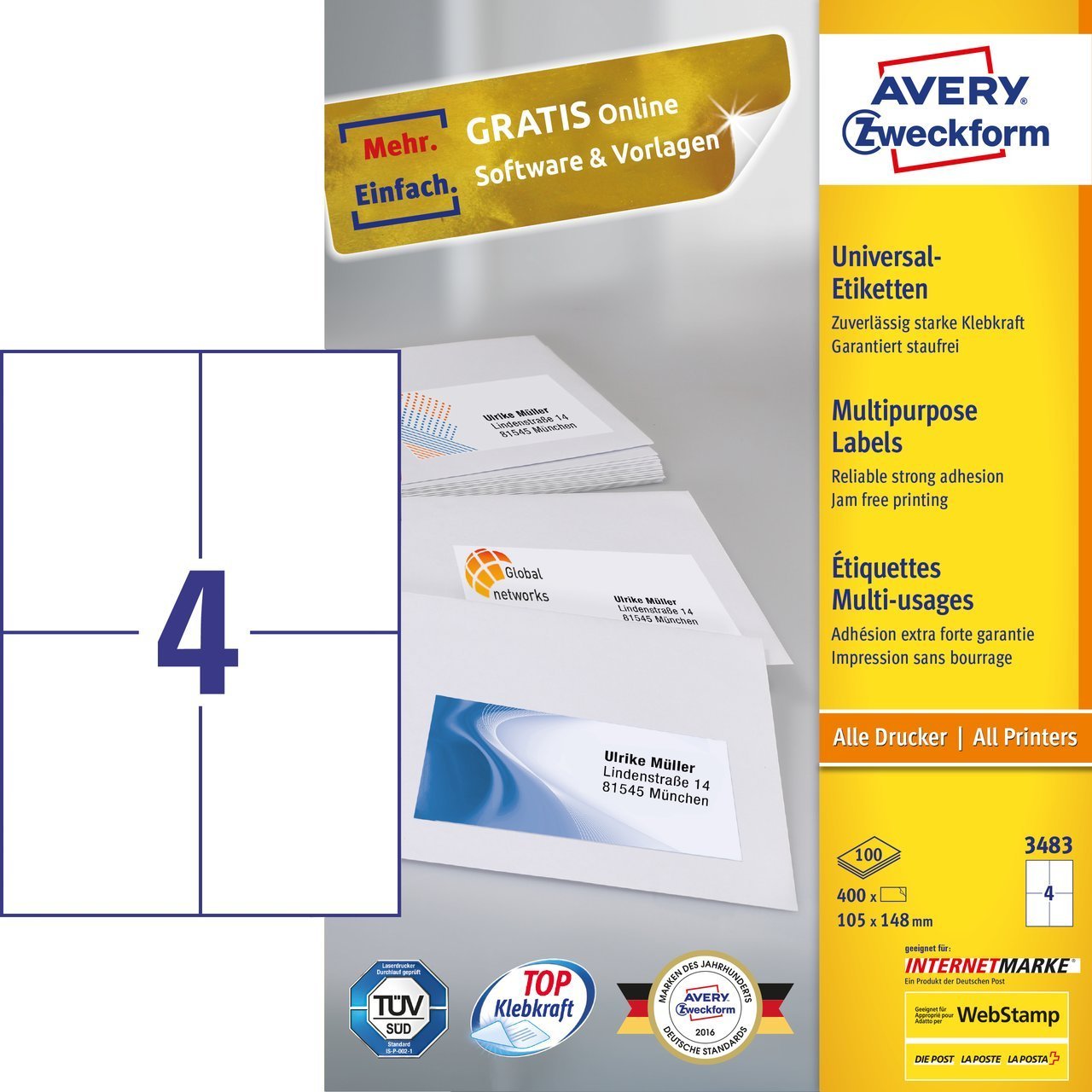 Avery Zweckform Avery - Weiß - A6 - 105 x 148 mm 400 Etikett(en) (100 Bogen x 4)
