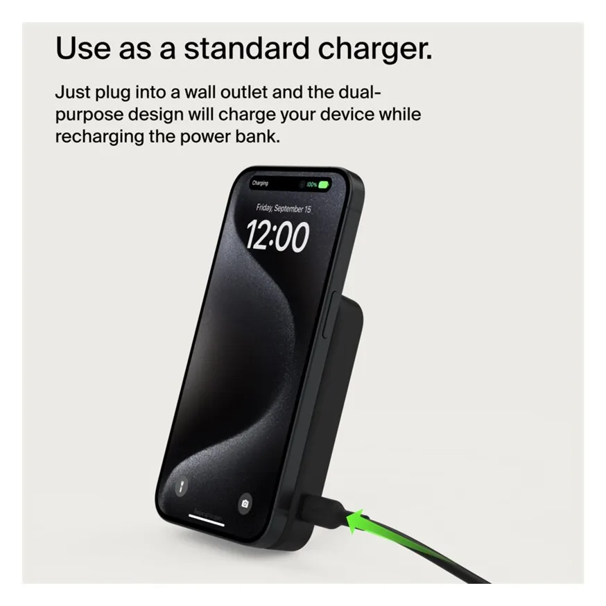 Belkin BoostCharge Pro - Induktive Power Bank - magnetisch mit Qi2 - 8000 mAh - 15 Watt - Fast Charge (24 pin USB-C) - Schwarz, Ansicht 5